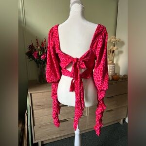 Pink & Red Leopard Print Tie-Up Bow Back Corset Bustier Long-Sleeve Top Shirt S